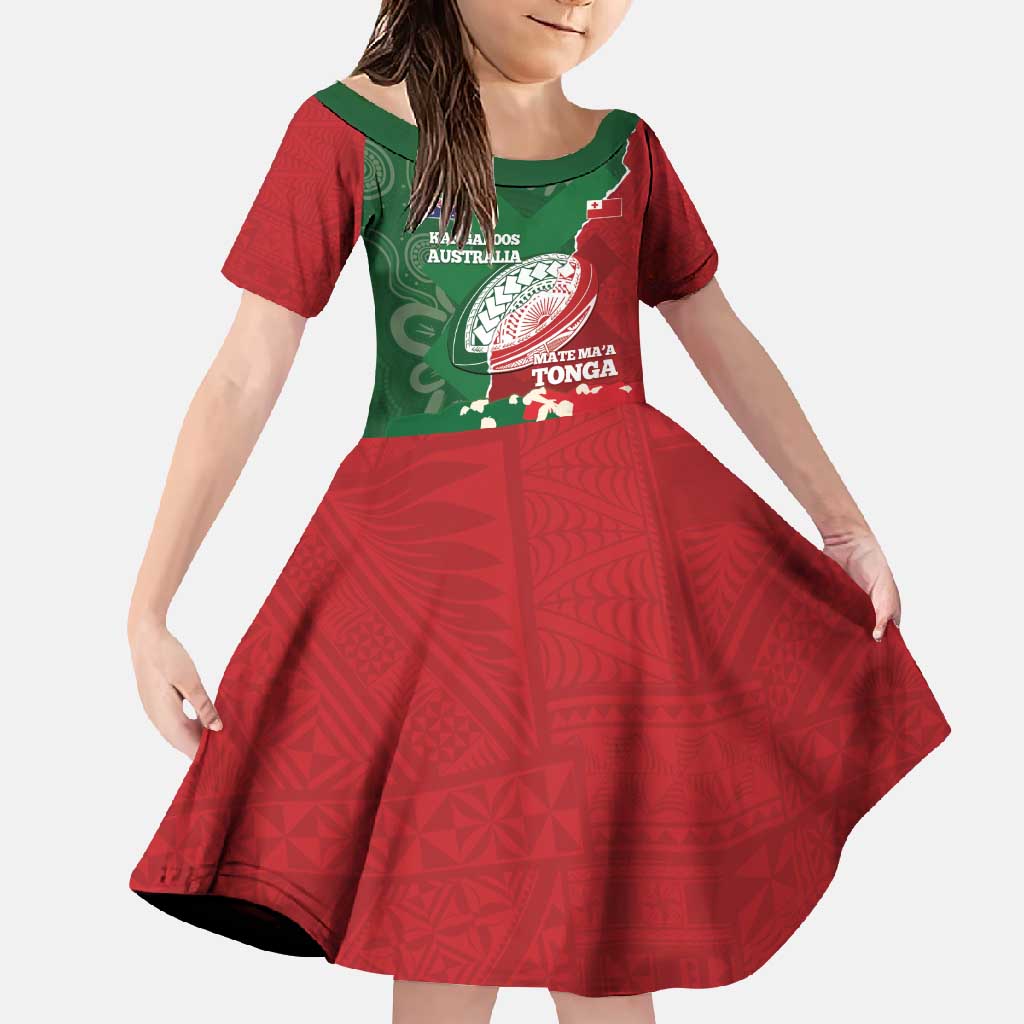Custom Tonga And Australia Rugby Family Matching Off Shoulder Maxi Dress and Hawaiian Shirt Mate Maa Tongan Ngatu Mix Kangaroos Aboriginal LT14 Daughter's Dress Green - Polynesian Pride