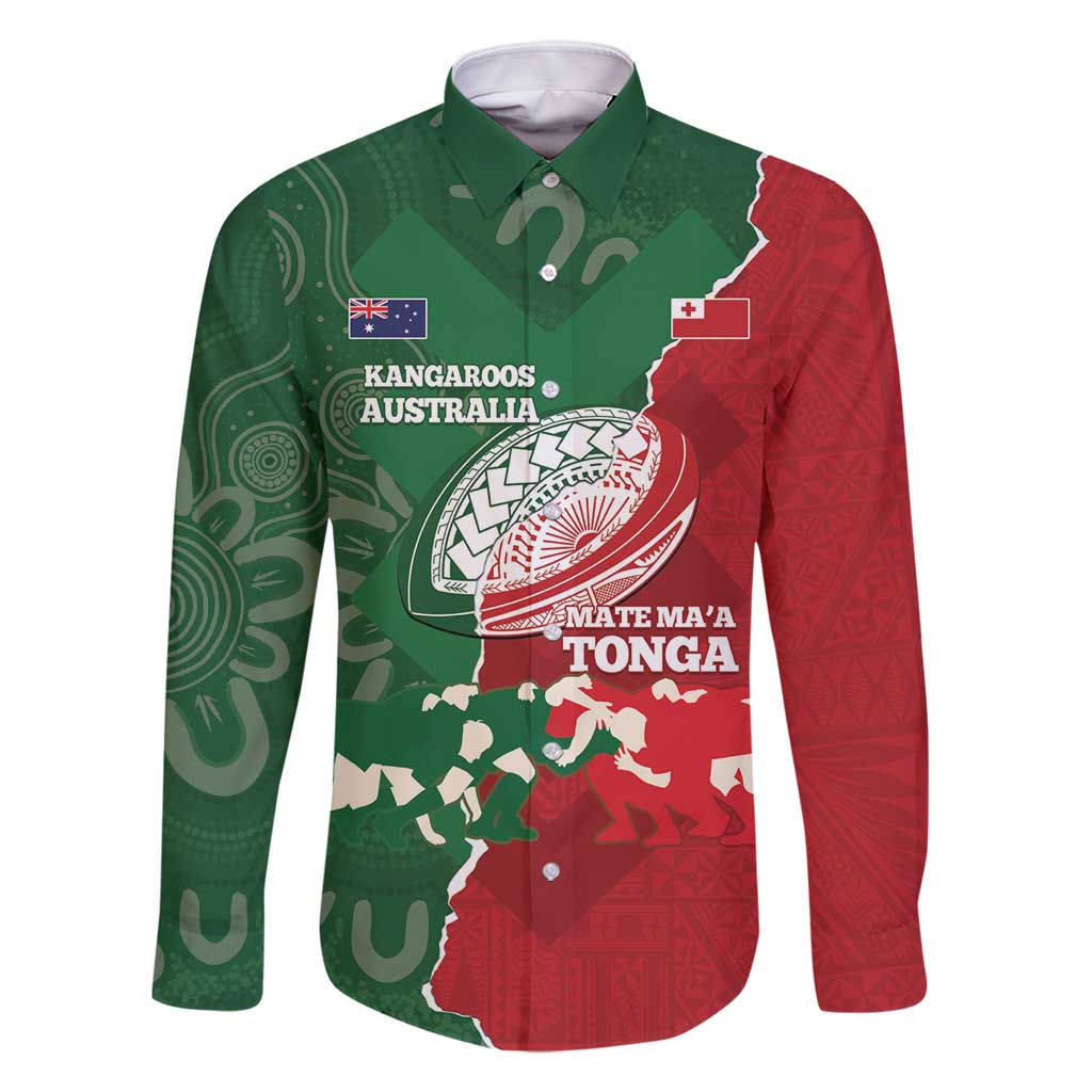 Custom Tonga And Australia Rugby Family Matching Off Shoulder Maxi Dress and Hawaiian Shirt Mate Maa Tongan Ngatu Mix Kangaroos Aboriginal LT14 Dad's Shirt - Long Sleeve Green - Polynesian Pride