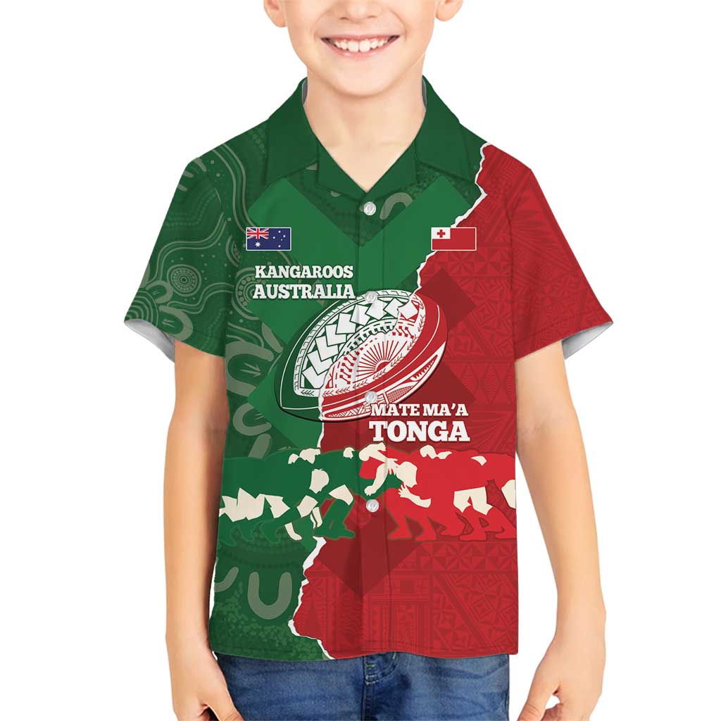 Custom Tonga And Australia Rugby Family Matching Off Shoulder Maxi Dress and Hawaiian Shirt Mate Maa Tongan Ngatu Mix Kangaroos Aboriginal LT14 Son's Shirt Green - Polynesian Pride