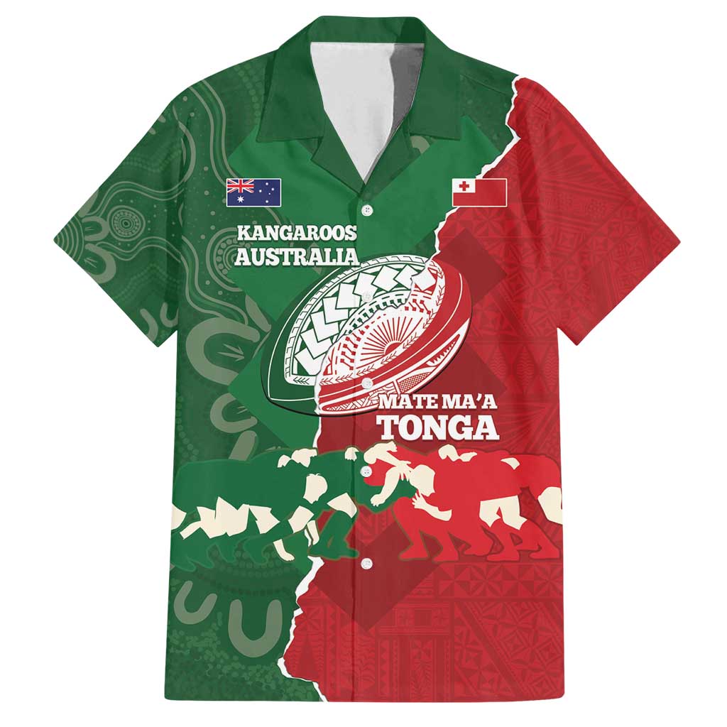 Custom Tonga And Australia Rugby Family Matching Off Shoulder Short Dress and Hawaiian Shirt Mate Maa Tongan Ngatu Mix Kangaroos Aboriginal LT14 Dad's Shirt - Short Sleeve Green - Polynesian Pride