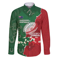 Custom Tonga And Australia Rugby Family Matching Off Shoulder Short Dress and Hawaiian Shirt Mate Maa Tongan Ngatu Mix Kangaroos Aboriginal LT14 Dad's Shirt - Long Sleeve Green - Polynesian Pride