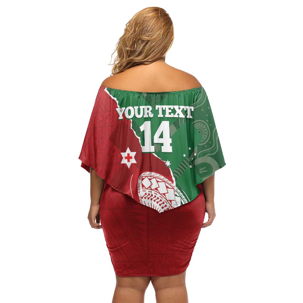 Custom Tonga And Australia Rugby Family Matching Off Shoulder Short Dress and Hawaiian Shirt Mate Maa Tongan Ngatu Mix Kangaroos Aboriginal LT14 - Polynesian Pride
