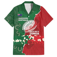 Custom Tonga And Australia Rugby Family Matching Puletasi and Hawaiian Shirt Mate Maa Tongan Ngatu Mix Kangaroos Aboriginal LT14 Dad's Shirt - Short Sleeve Green - Polynesian Pride