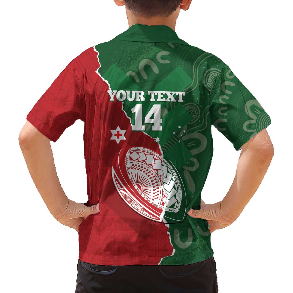 Custom Tonga And Australia Rugby Family Matching Short Sleeve Bodycon Dress and Hawaiian Shirt Mate Maa Tongan Ngatu Mix Kangaroos Aboriginal