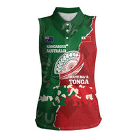 Custom Tonga And Australia Rugby Women Sleeveless Polo Shirt Mate Maa Tongan Ngatu Mix Kangaroos Aboriginal