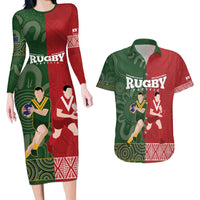 Custom Mate Maa Tonga And Kangaroo Australia Couples Matching Long Sleeve Bodycon Dress and Hawaiian Shirt Tongan Kupesi Mix Aboriginal Art LT14 Green - Polynesian Pride