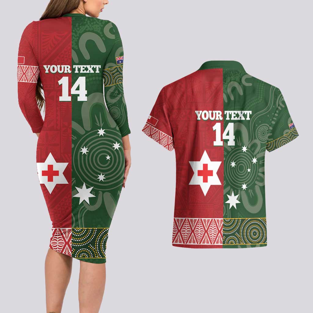 Custom Mate Maa Tonga And Kangaroo Australia Couples Matching Long Sleeve Bodycon Dress and Hawaiian Shirt Tongan Kupesi Mix Aboriginal Art LT14 - Polynesian Pride