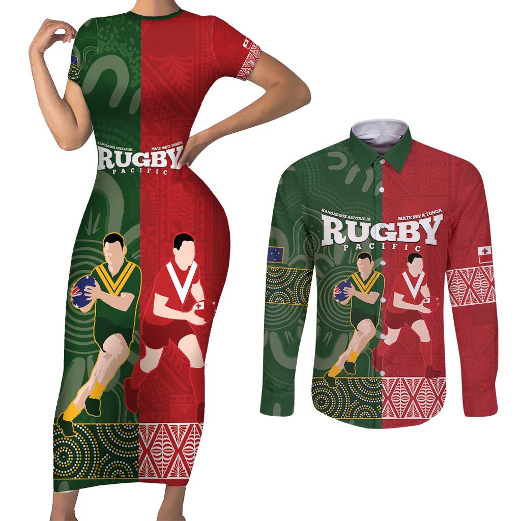 Custom Mate Maa Tonga And Kangaroo Australia Couples Matching Short Sleeve Bodycon Dress and Long Sleeve Button Shirt Tongan Kupesi Mix Aboriginal Art