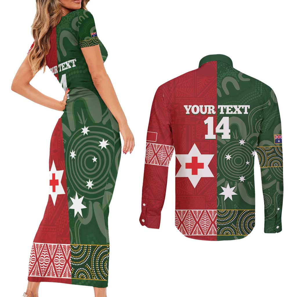 Custom Mate Maa Tonga And Kangaroo Australia Couples Matching Short Sleeve Bodycon Dress and Long Sleeve Button Shirt Tongan Kupesi Mix Aboriginal Art