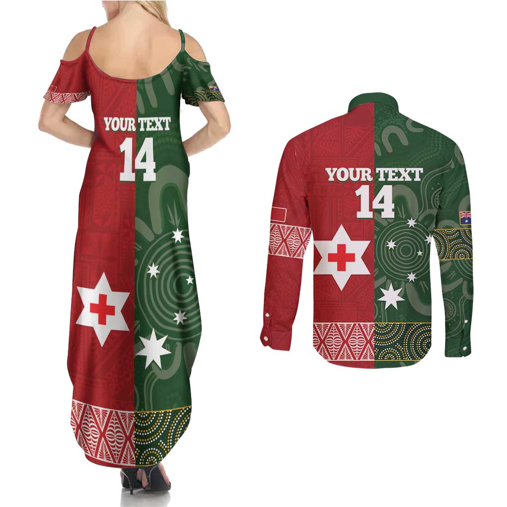 Custom Mate Maa Tonga And Kangaroo Australia Couples Matching Summer Maxi Dress and Long Sleeve Button Shirt Tongan Kupesi Mix Aboriginal Art