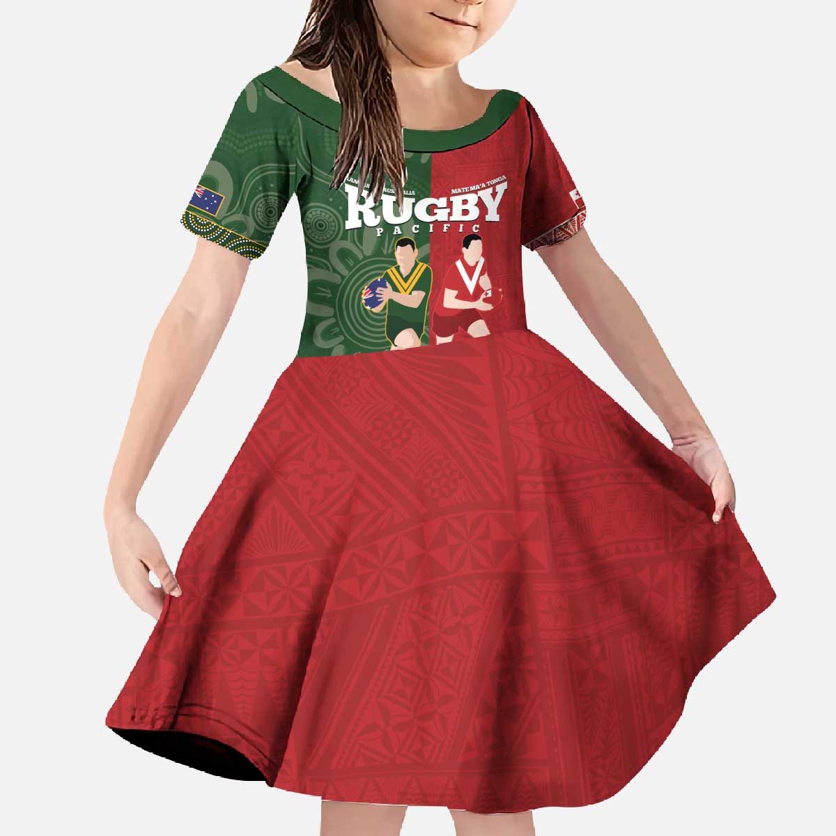 Custom Mate Maa Tonga And Kangaroo Australia Family Matching Off The Shoulder Long Sleeve Dress and Hawaiian Shirt Tongan Kupesi Mix Aboriginal Art LT14 Daughter's Dress Green - Polynesian Pride