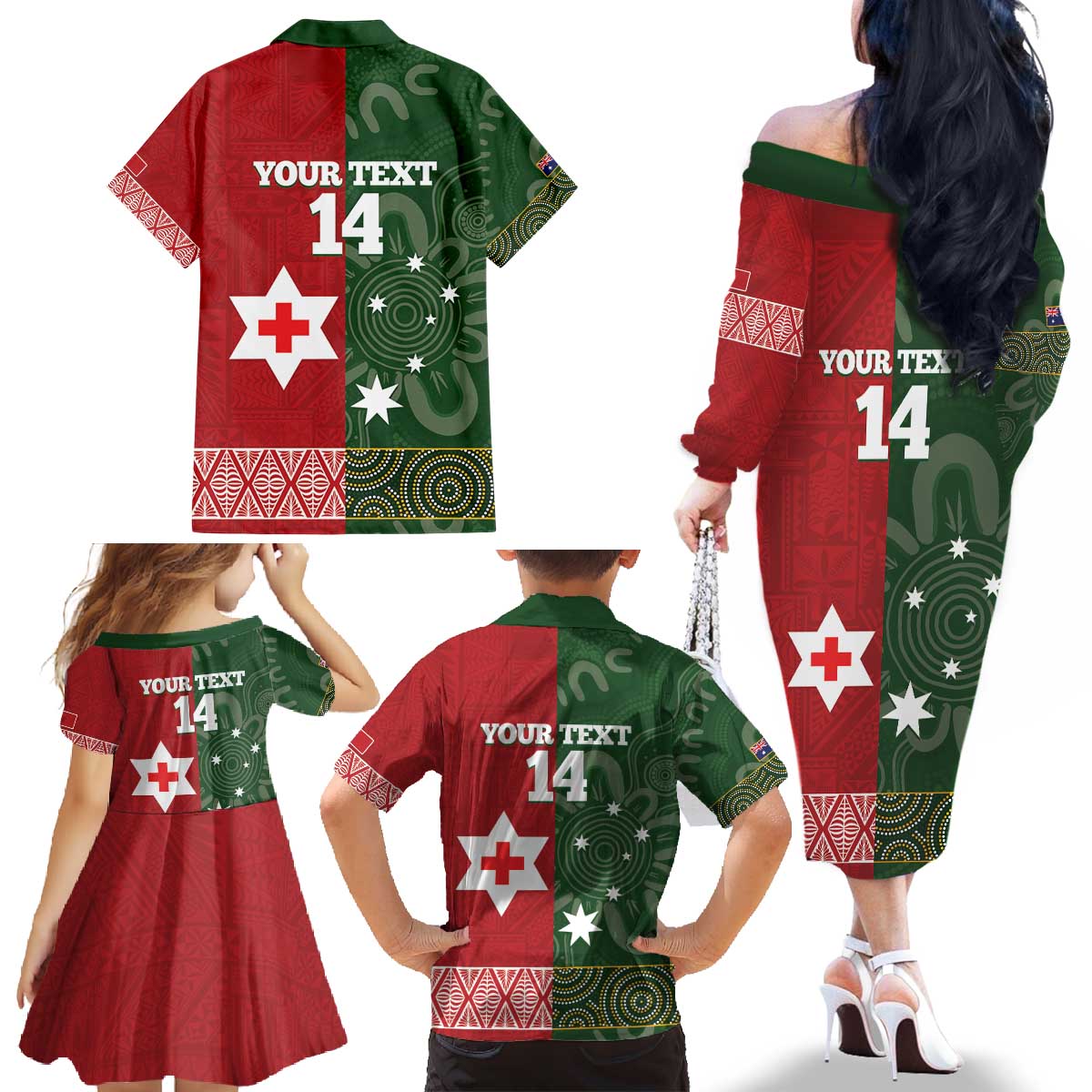 Custom Mate Maa Tonga And Kangaroo Australia Family Matching Off The Shoulder Long Sleeve Dress and Hawaiian Shirt Tongan Kupesi Mix Aboriginal Art LT14 - Polynesian Pride
