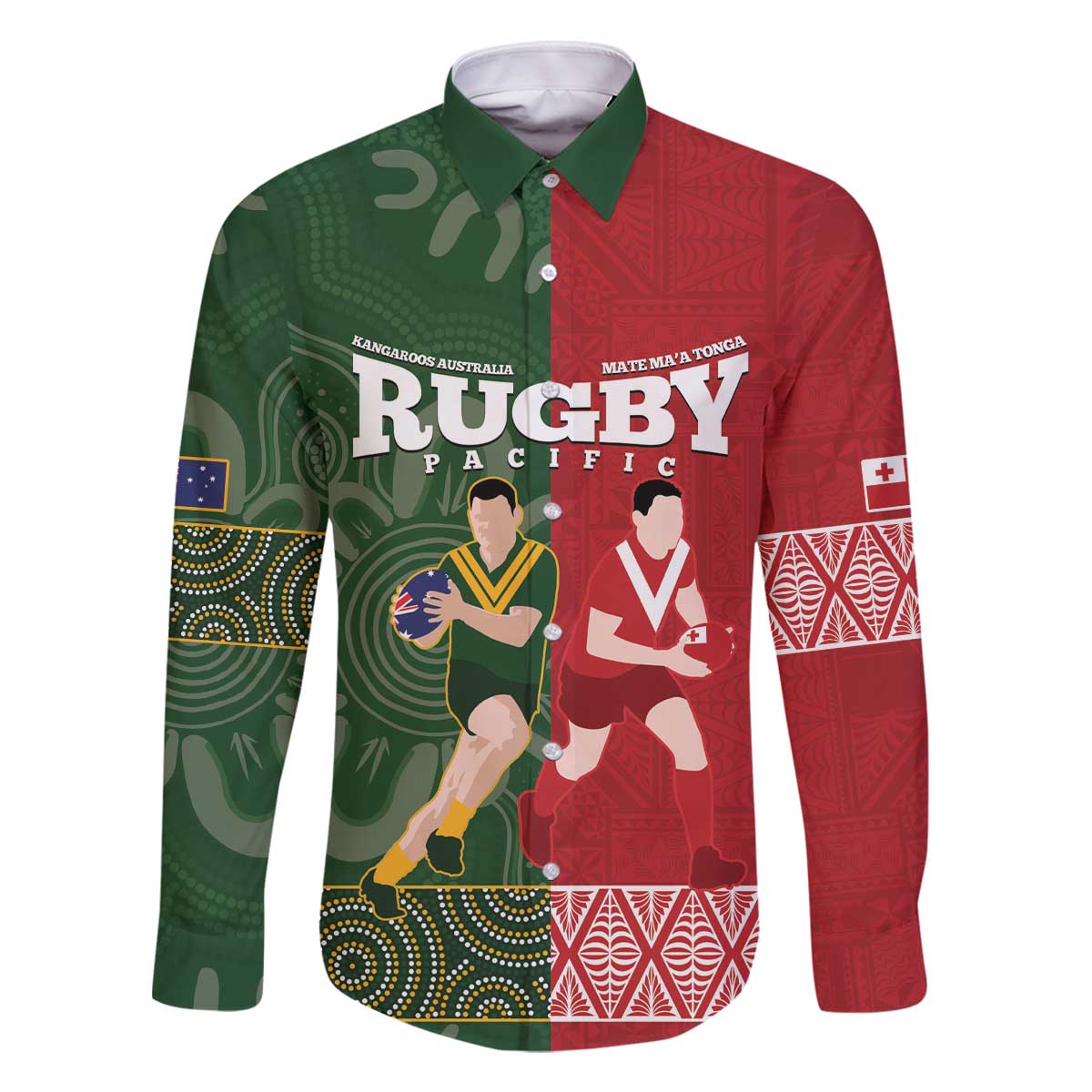 Custom Mate Maa Tonga And Kangaroo Australia Family Matching Off The Shoulder Long Sleeve Dress and Hawaiian Shirt Tongan Kupesi Mix Aboriginal Art LT14 Dad's Shirt - Long Sleeve Green - Polynesian Pride