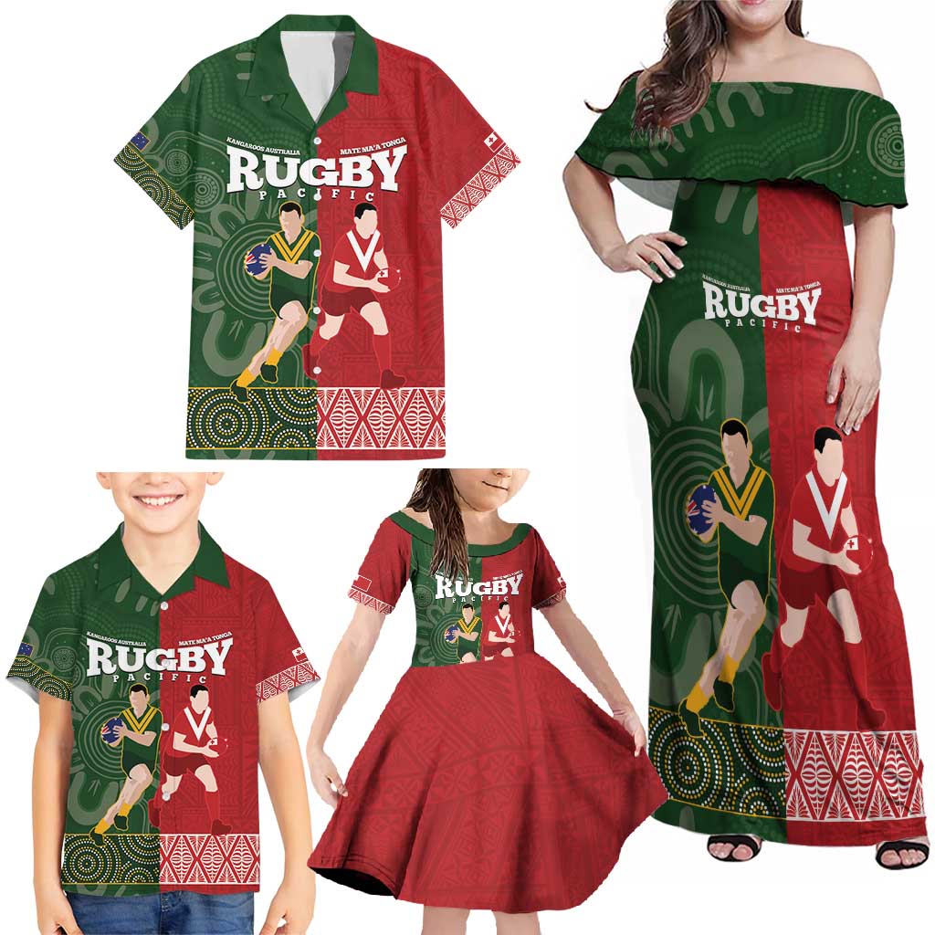 Custom Mate Maa Tonga And Kangaroo Australia Family Matching Off Shoulder Maxi Dress and Hawaiian Shirt Tongan Kupesi Mix Aboriginal Art LT14 - Polynesian Pride