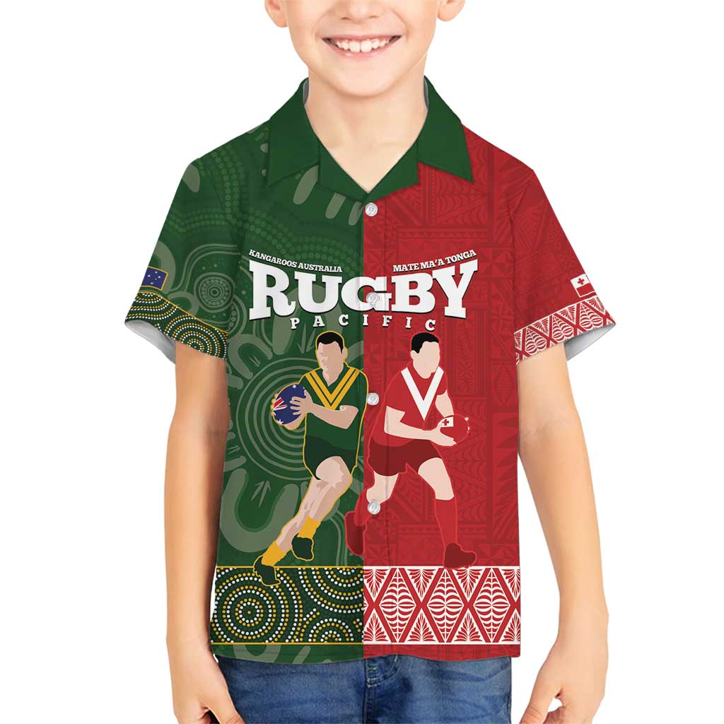 Custom Mate Maa Tonga And Kangaroo Australia Family Matching Off Shoulder Maxi Dress and Hawaiian Shirt Tongan Kupesi Mix Aboriginal Art LT14 Son's Shirt Green - Polynesian Pride