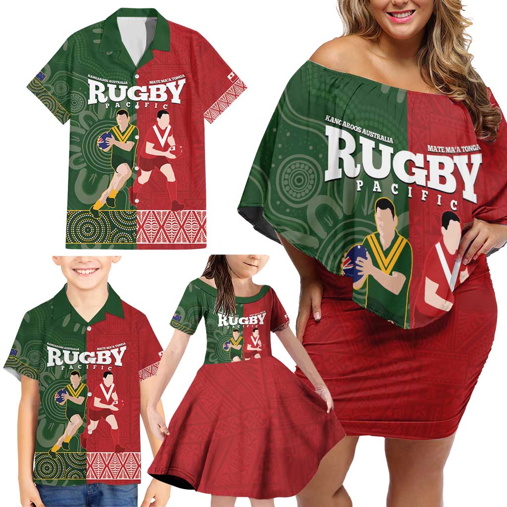 Custom Mate Maa Tonga And Kangaroo Australia Family Matching Off Shoulder Short Dress and Hawaiian Shirt Tongan Kupesi Mix Aboriginal Art LT14 - Polynesian Pride