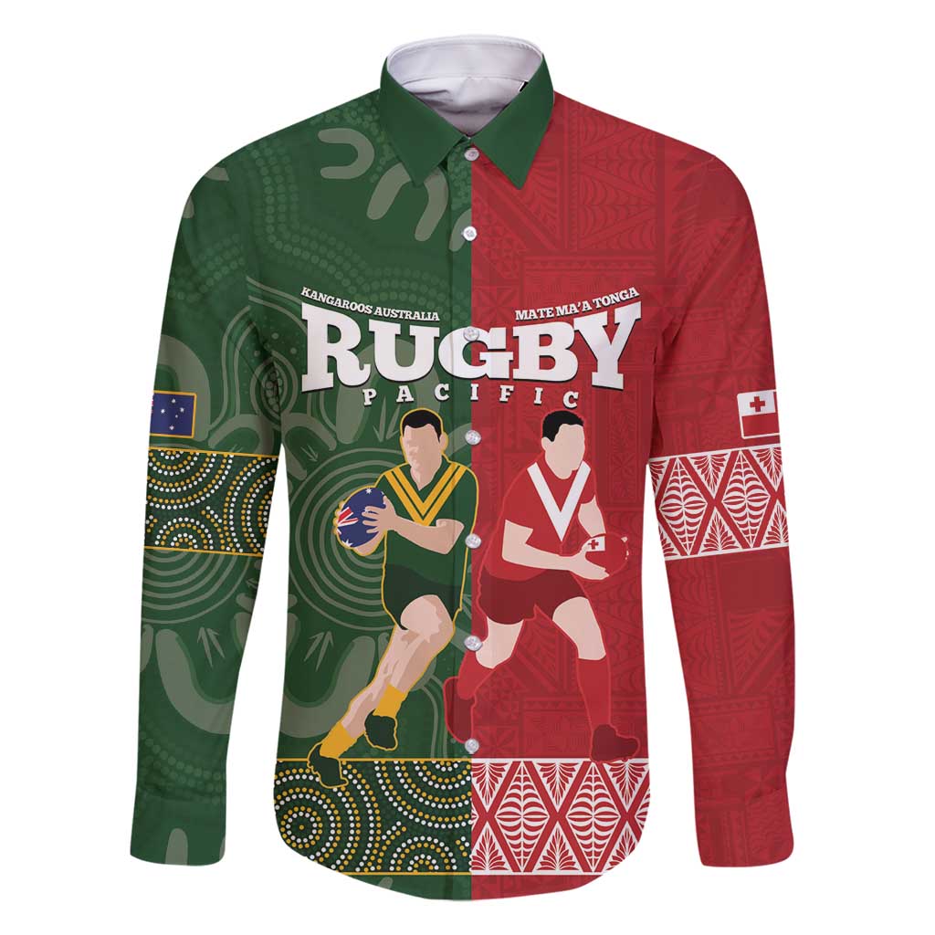 Custom Mate Maa Tonga And Kangaroo Australia Family Matching Off Shoulder Short Dress and Hawaiian Shirt Tongan Kupesi Mix Aboriginal Art LT14 Dad's Shirt - Long Sleeve Green - Polynesian Pride