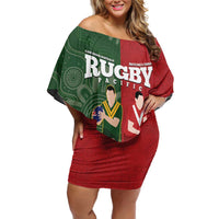 Custom Mate Maa Tonga And Kangaroo Australia Family Matching Off Shoulder Short Dress and Hawaiian Shirt Tongan Kupesi Mix Aboriginal Art LT14 Mom's Dress Green - Polynesian Pride