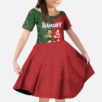Custom Mate Maa Tonga And Kangaroo Australia Family Matching Puletasi and Hawaiian Shirt Tongan Kupesi Mix Aboriginal Art LT14 Daughter's Dress Green - Polynesian Pride