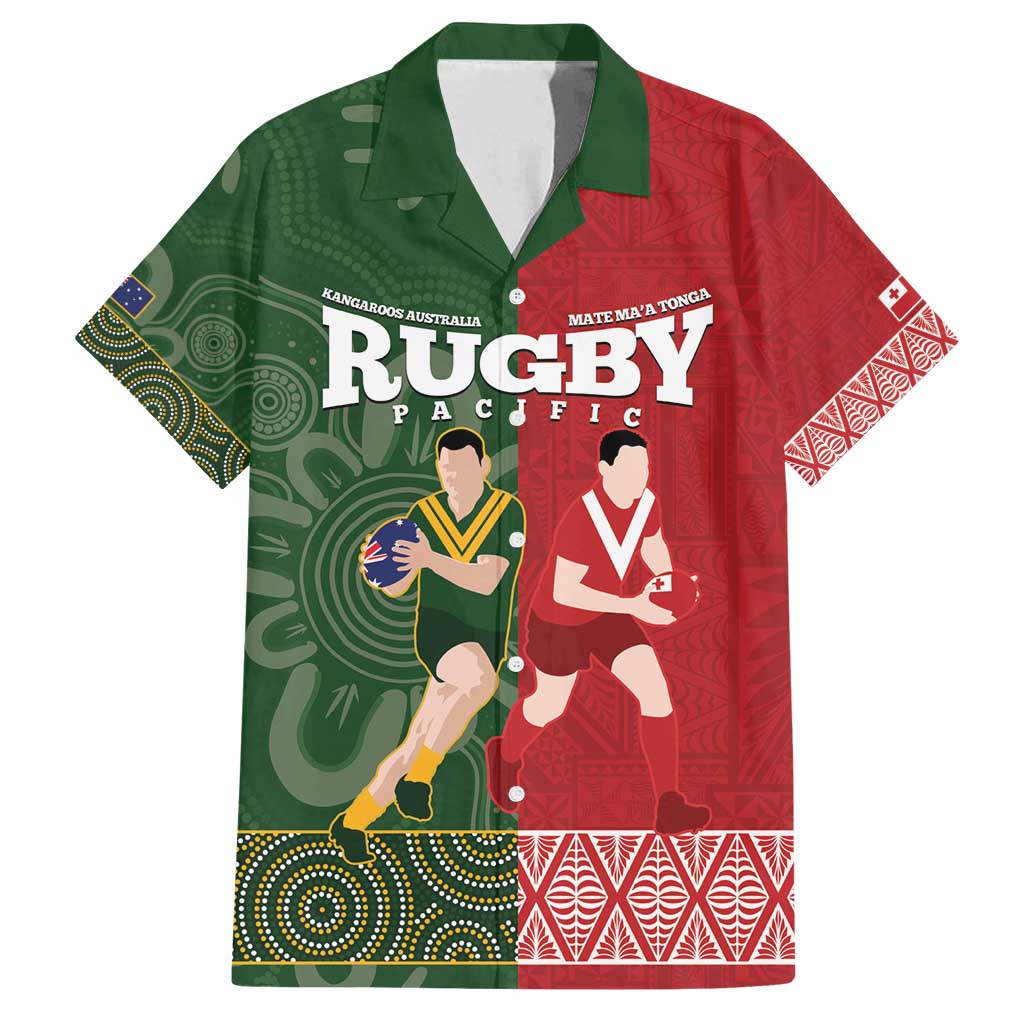 Custom Mate Maa Tonga And Kangaroo Australia Family Matching Puletasi and Hawaiian Shirt Tongan Kupesi Mix Aboriginal Art LT14 Dad's Shirt - Short Sleeve Green - Polynesian Pride