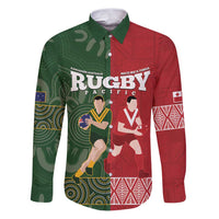 Custom Mate Maa Tonga And Kangaroo Australia Family Matching Puletasi and Hawaiian Shirt Tongan Kupesi Mix Aboriginal Art LT14 Dad's Shirt - Long Sleeve Green - Polynesian Pride
