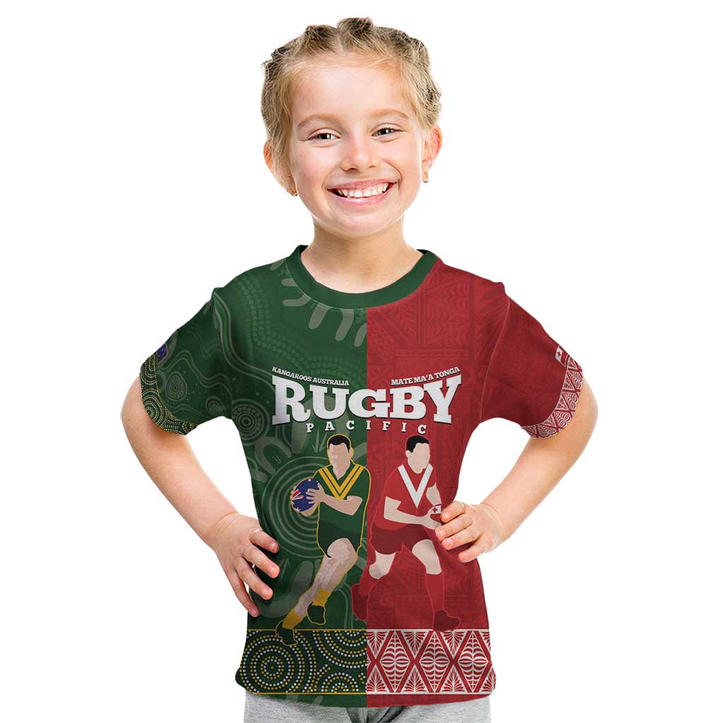 Custom Mate Maa Tonga And Kangaroo Australia Kid T Shirt Tongan Kupesi Mix Aboriginal Art