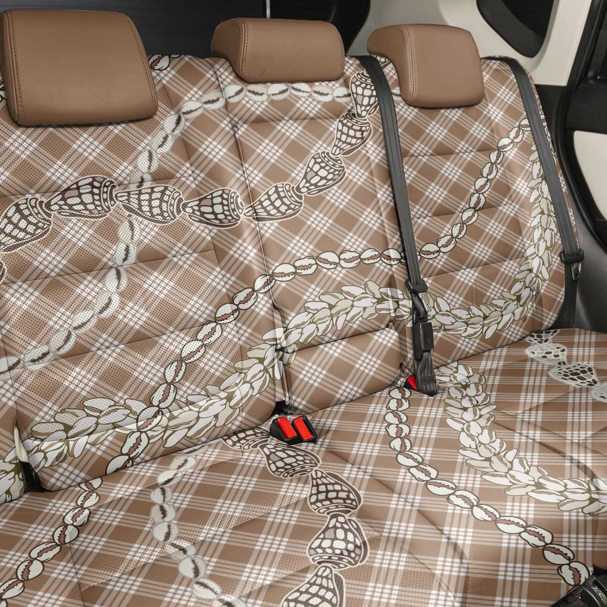 Brown Aloha Hawaii Shell Lei Back Car Seat Cover Palaka Hebrew Cone Honey Cowrie Elegant Curves - Polynesian Pride