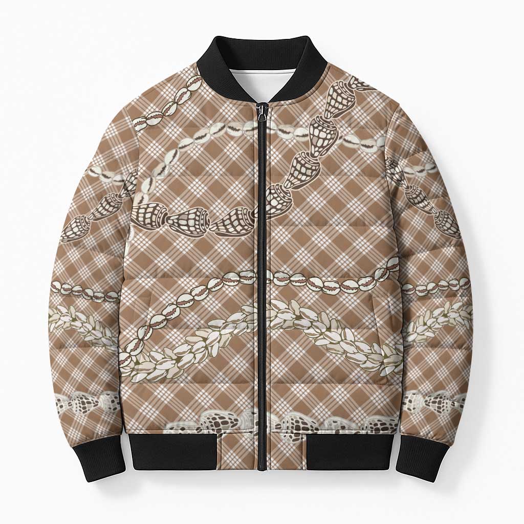 Brown Aloha Hawaii Shell Lei Bomber Puffer Jacket Palaka Hebrew Cone Honey Cowrie Elegant Curves - Polynesian Pride