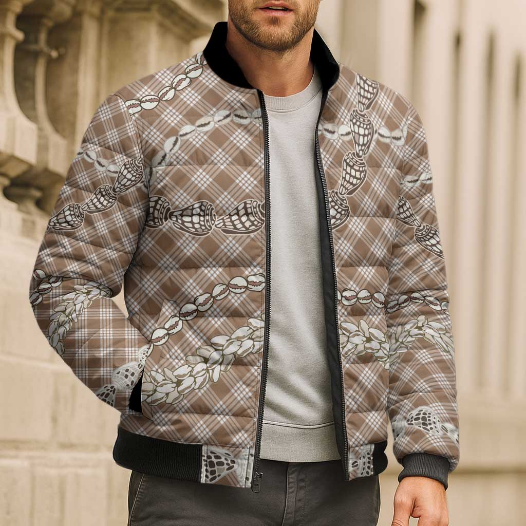 Brown Aloha Hawaii Shell Lei Bomber Puffer Jacket Palaka Hebrew Cone Honey Cowrie Elegant Curves - Polynesian Pride