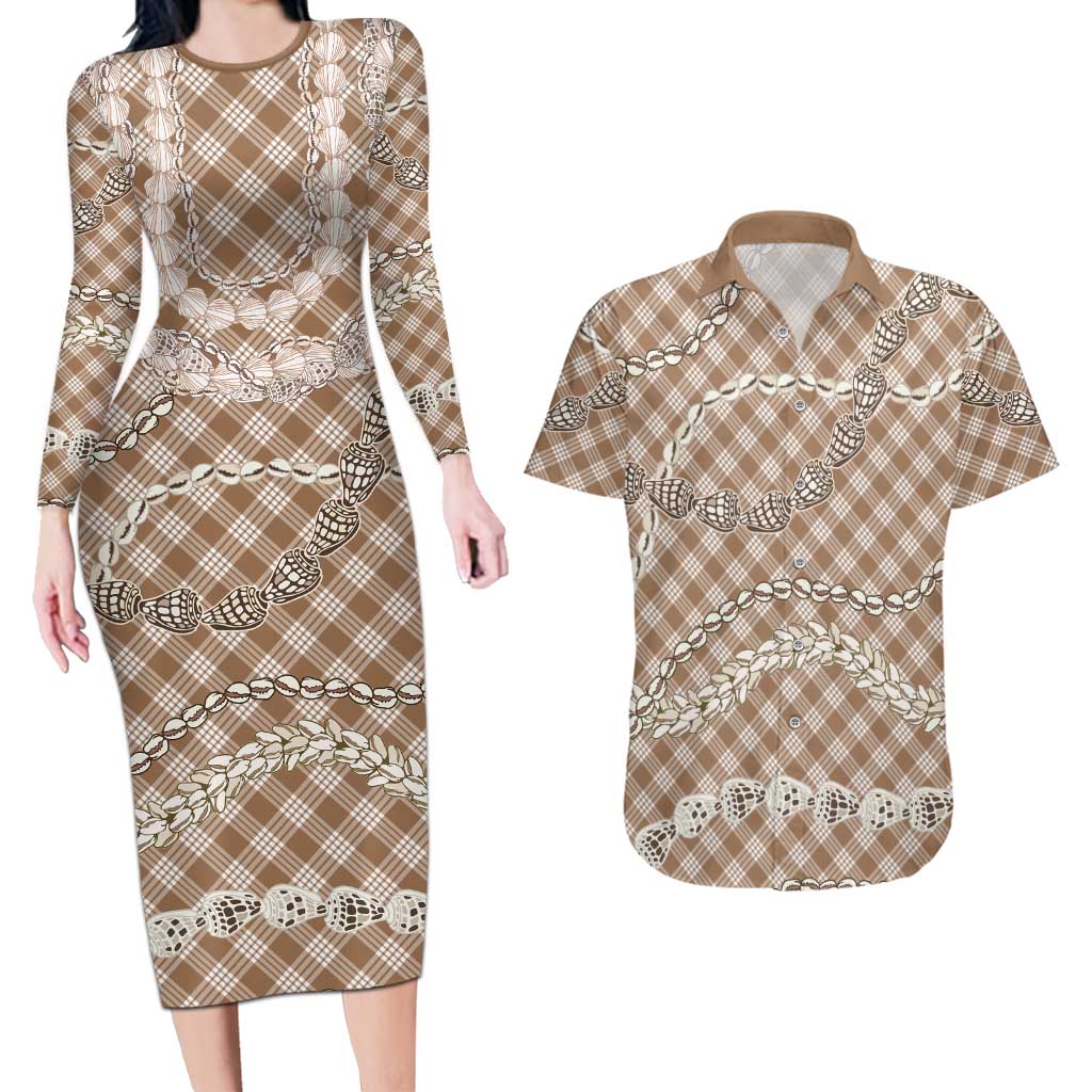Brown Aloha Hawaii Shell Lei Couples Matching Long Sleeve Bodycon Dress and Hawaiian Shirt Palaka Hebrew Cone Honey Cowrie Elegant Curves LT14 Brown - Polynesian Pride