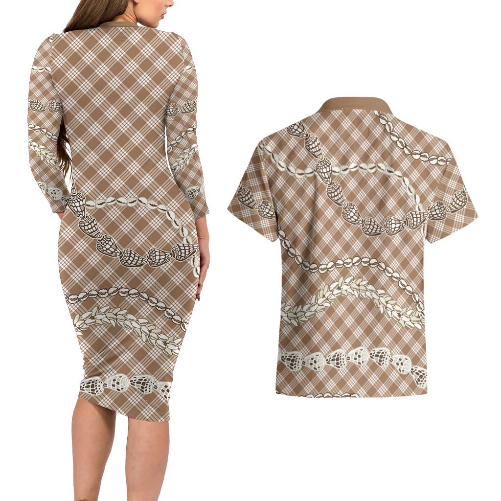 Brown Aloha Hawaii Shell Lei Couples Matching Long Sleeve Bodycon Dress and Hawaiian Shirt Palaka Hebrew Cone Honey Cowrie Elegant Curves LT14 - Polynesian Pride
