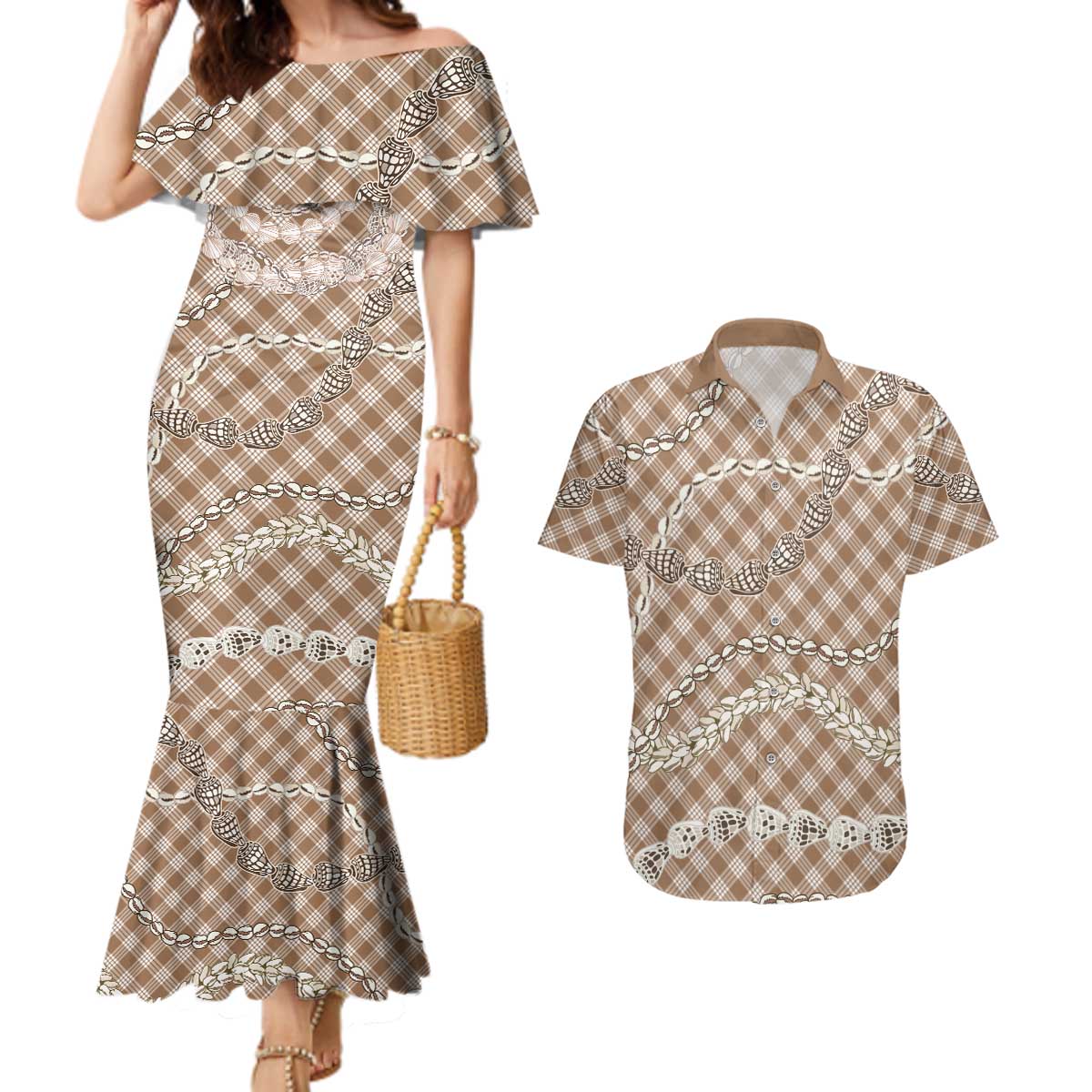 Brown Aloha Hawaii Shell Lei Couples Matching Mermaid Dress and Hawaiian Shirt Palaka Hebrew Cone Honey Cowrie Elegant Curves - Polynesian Pride