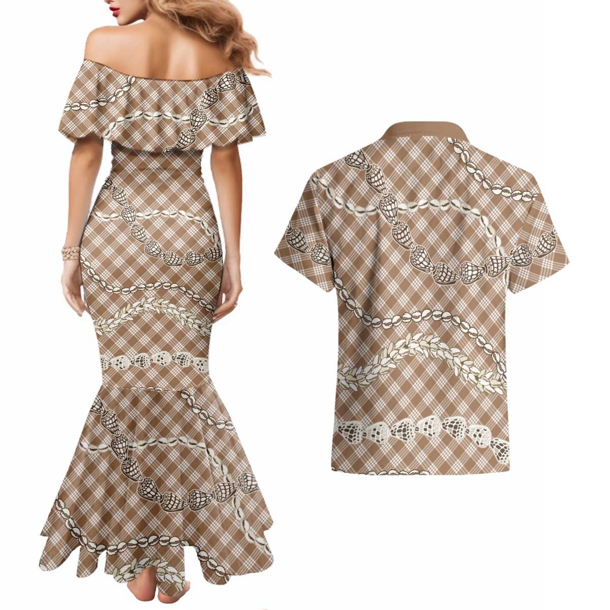Brown Aloha Hawaii Shell Lei Couples Matching Mermaid Dress and Hawaiian Shirt Palaka Hebrew Cone Honey Cowrie Elegant Curves - Polynesian Pride