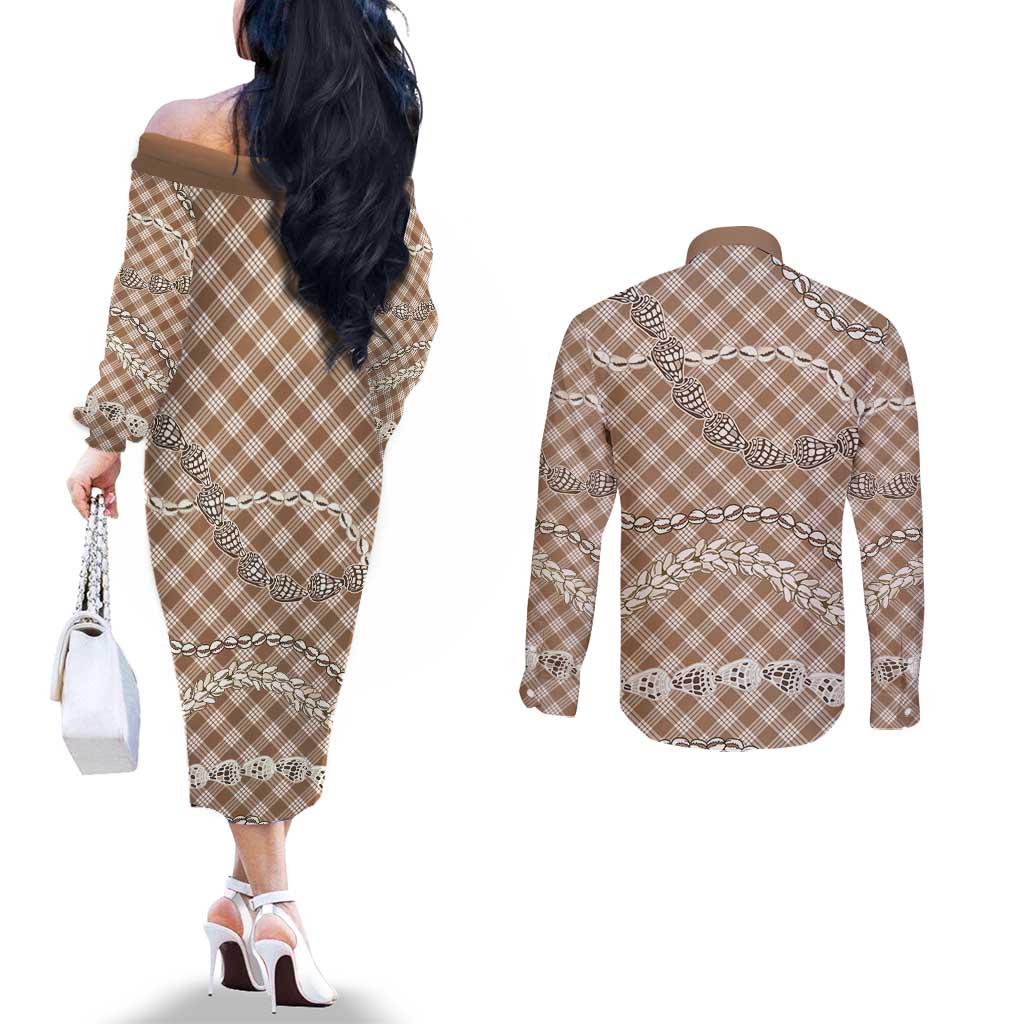 Brown Aloha Hawaii Shell Lei Couples Matching Off The Shoulder Long Sleeve Dress and Long Sleeve Button Shirt Palaka Hebrew Cone Honey Cowrie Elegant Curves - Polynesian Pride