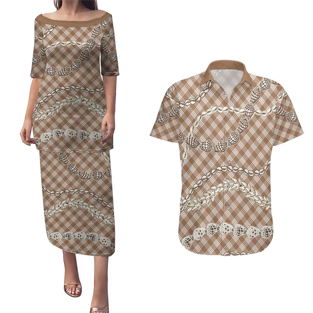 Brown Aloha Hawaii Shell Lei Couples Matching Puletasi and Hawaiian Shirt Palaka Hebrew Cone Honey Cowrie Elegant Curves - Polynesian Pride