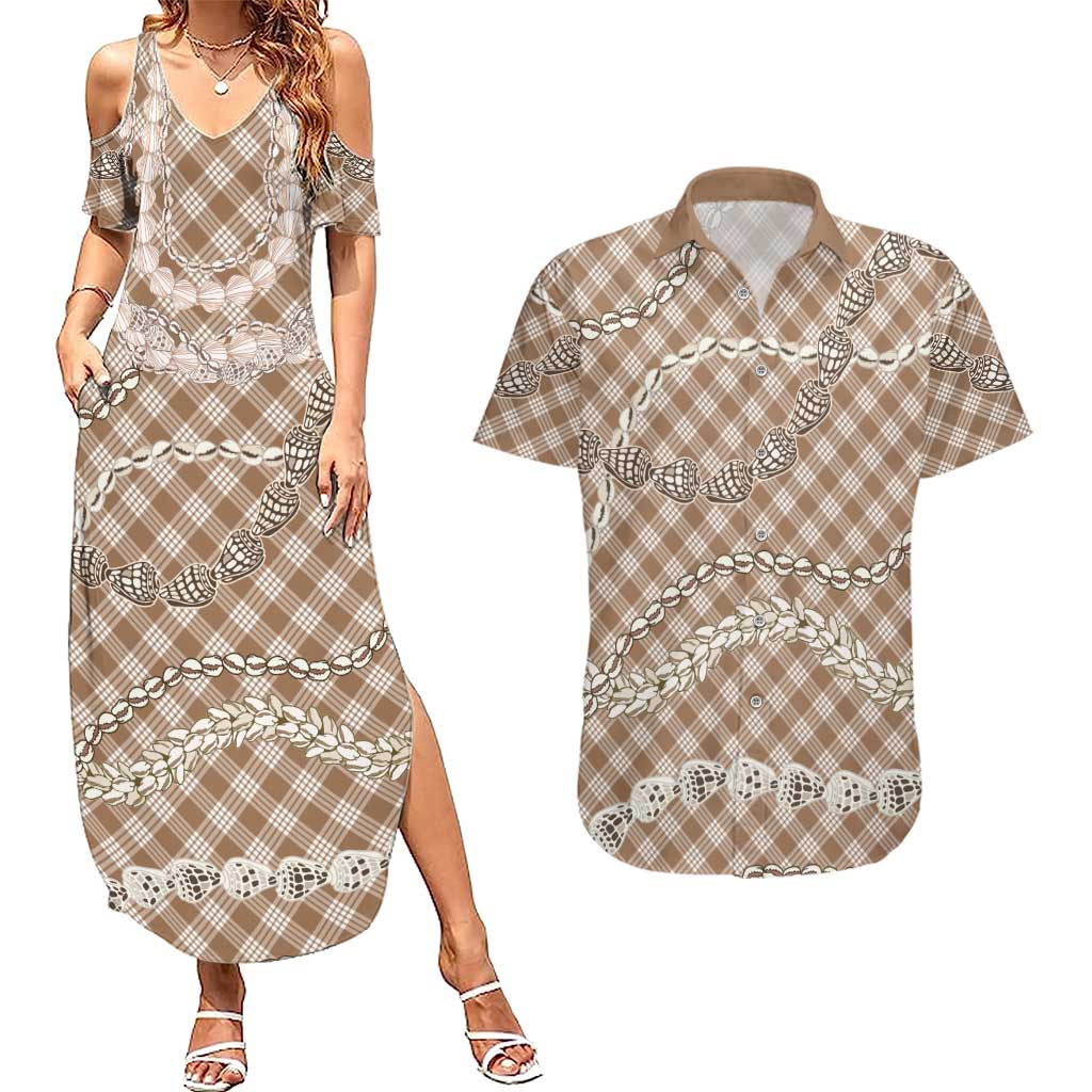 Brown Aloha Hawaii Shell Lei Couples Matching Summer Maxi Dress and Hawaiian Shirt Palaka Hebrew Cone Honey Cowrie Elegant Curves - Polynesian Pride