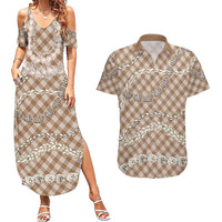 Brown Aloha Hawaii Shell Lei Couples Matching Summer Maxi Dress and Hawaiian Shirt Palaka Hebrew Cone Honey Cowrie Elegant Curves - Polynesian Pride