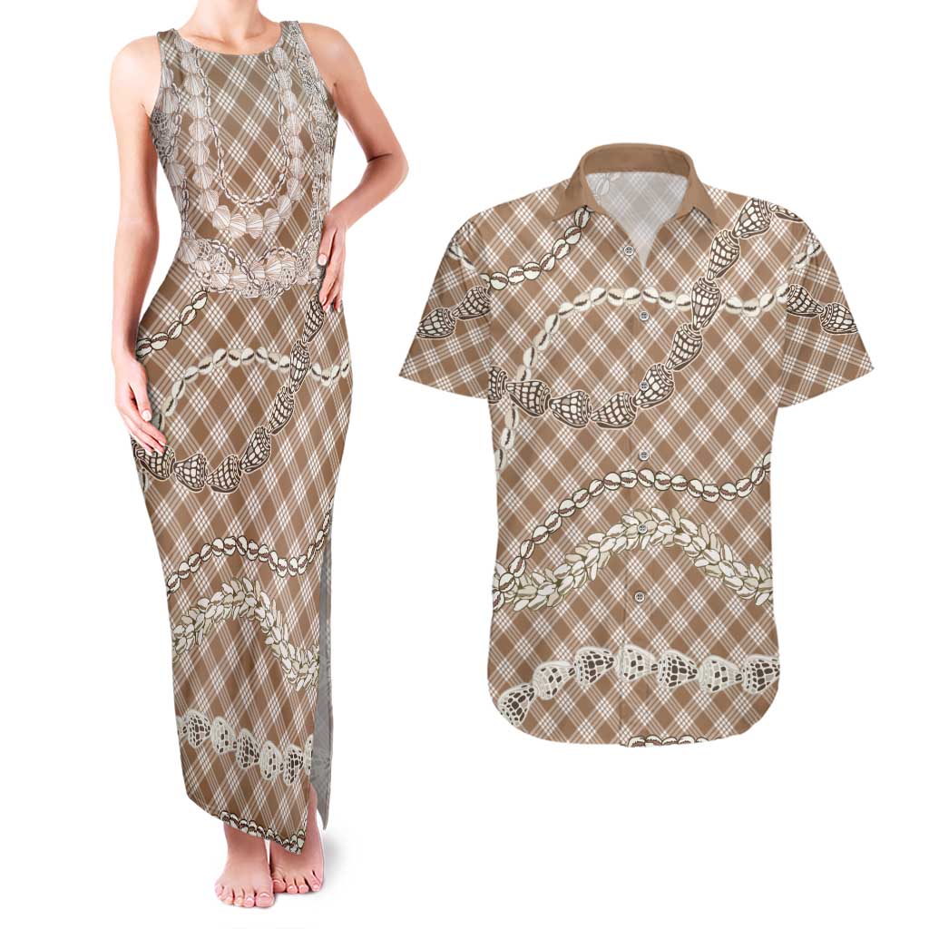 Brown Aloha Hawaii Shell Lei Couples Matching Tank Maxi Dress and Hawaiian Shirt Palaka Hebrew Cone Honey Cowrie Elegant Curves - Polynesian Pride
