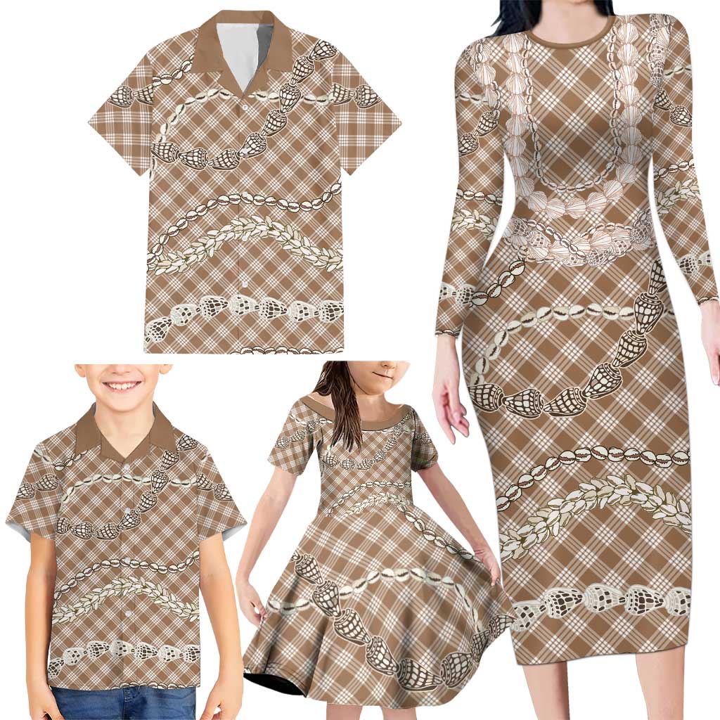 Brown Aloha Hawaii Shell Lei Family Matching Long Sleeve Bodycon Dress and Hawaiian Shirt Palaka Hebrew Cone Honey Cowrie Elegant Curves LT14 - Polynesian Pride