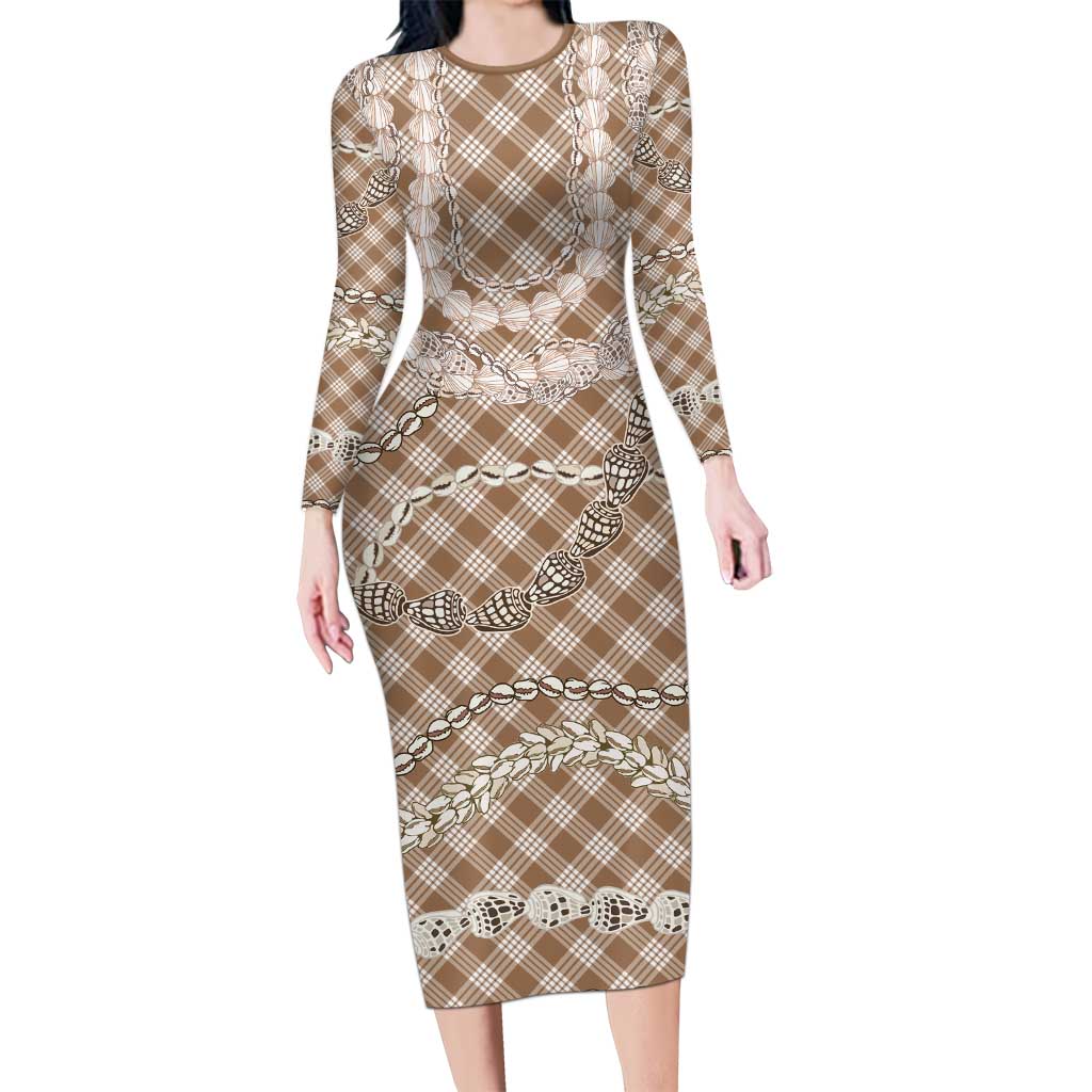 Brown Aloha Hawaii Shell Lei Family Matching Long Sleeve Bodycon Dress and Hawaiian Shirt Palaka Hebrew Cone Honey Cowrie Elegant Curves LT14 Mom's Dress Brown - Polynesian Pride