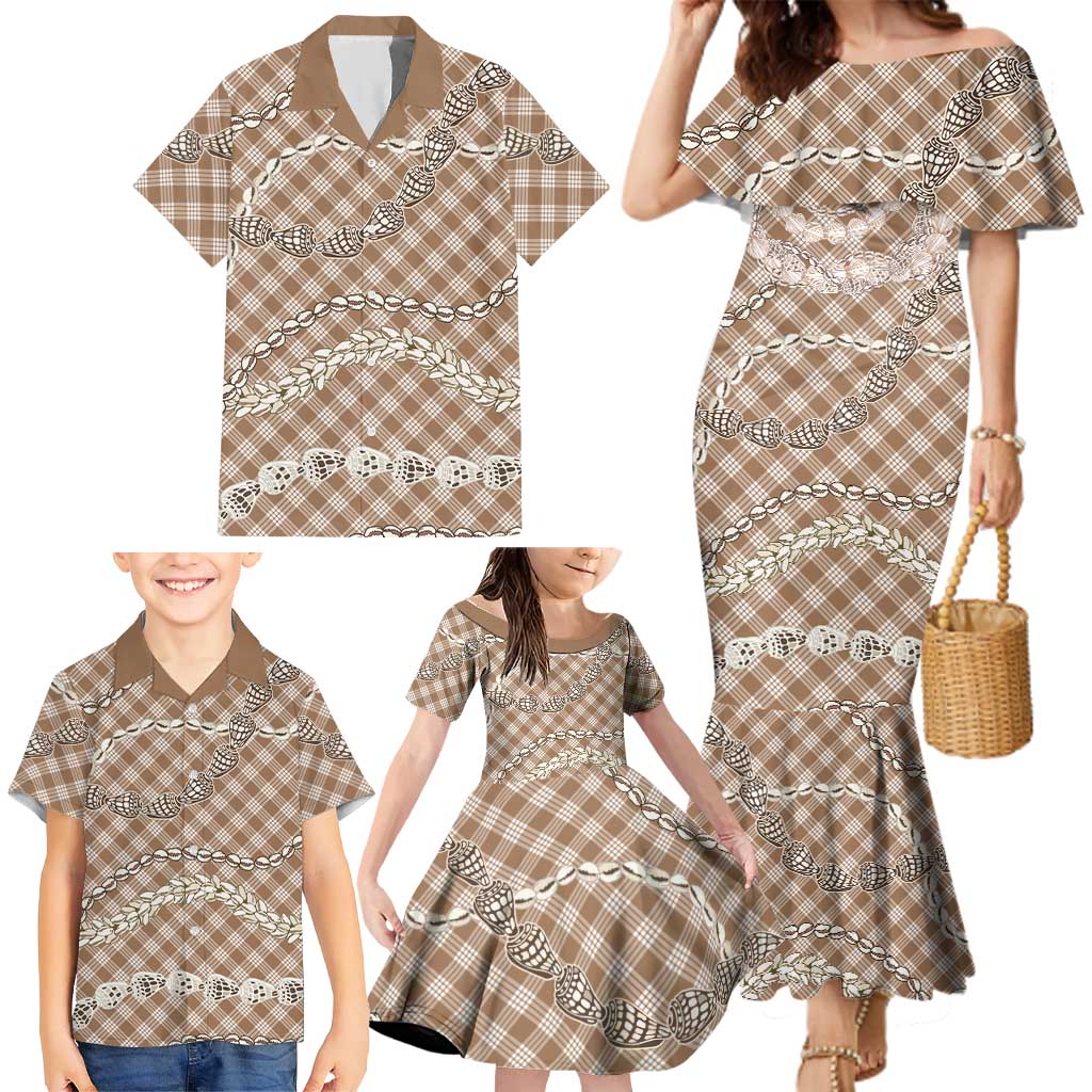 Brown Aloha Hawaii Shell Lei Family Matching Mermaid Dress and Hawaiian Shirt Palaka Hebrew Cone Honey Cowrie Elegant Curves LT14 - Polynesian Pride