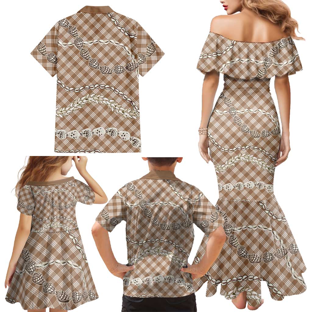 Brown Aloha Hawaii Shell Lei Family Matching Mermaid Dress and Hawaiian Shirt Palaka Hebrew Cone Honey Cowrie Elegant Curves LT14 - Polynesian Pride