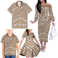 Brown Aloha Hawaii Shell Lei Family Matching Off The Shoulder Long Sleeve Dress and Hawaiian Shirt Palaka Hebrew Cone Honey Cowrie Elegant Curves LT14 - Polynesian Pride