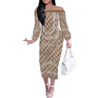 Brown Aloha Hawaii Shell Lei Family Matching Off The Shoulder Long Sleeve Dress and Hawaiian Shirt Palaka Hebrew Cone Honey Cowrie Elegant Curves LT14 Mom's Dress Brown - Polynesian Pride