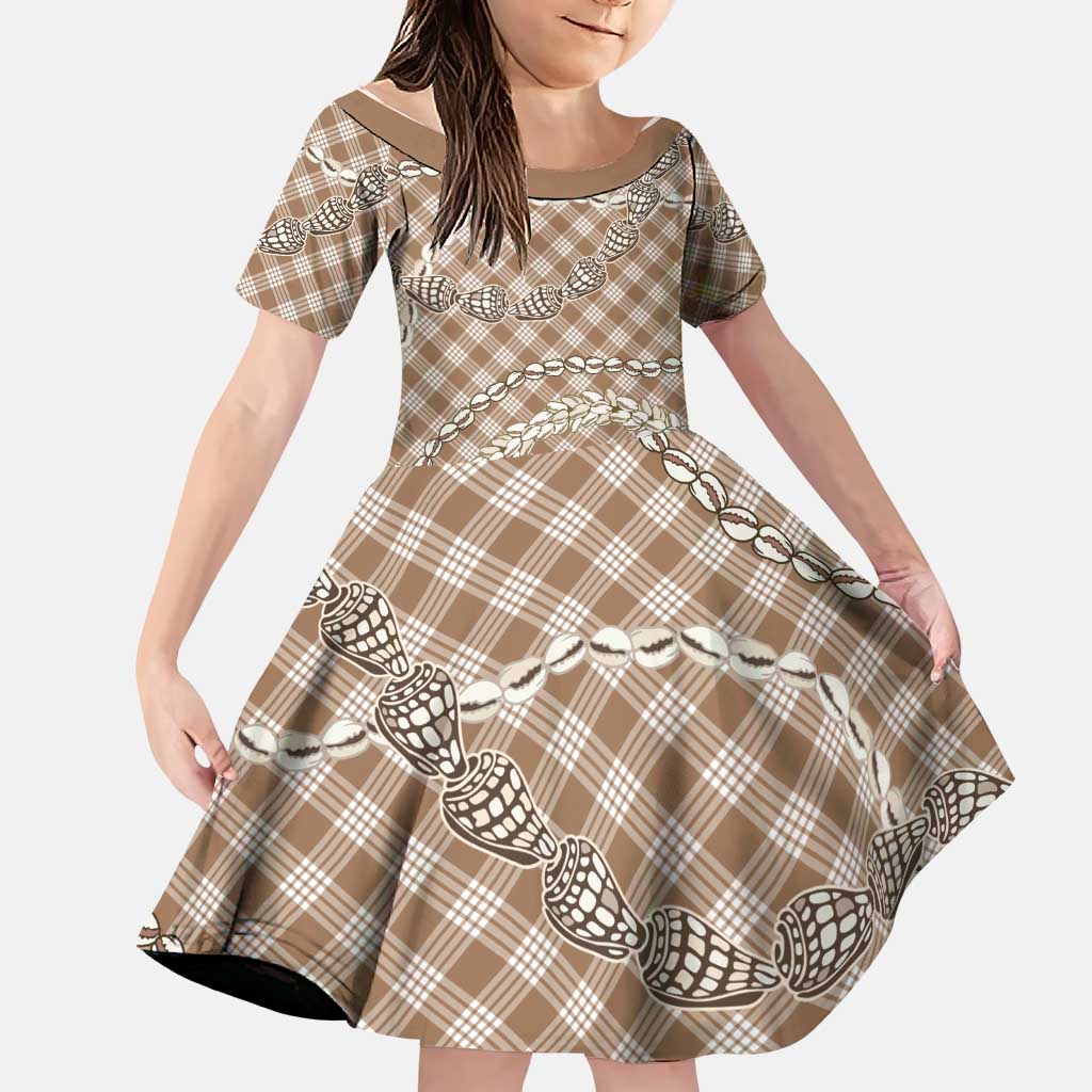 Brown Aloha Hawaii Shell Lei Family Matching Off Shoulder Maxi Dress and Hawaiian Shirt Palaka Hebrew Cone Honey Cowrie Elegant Curves LT14 Daughter's Dress Brown - Polynesian Pride