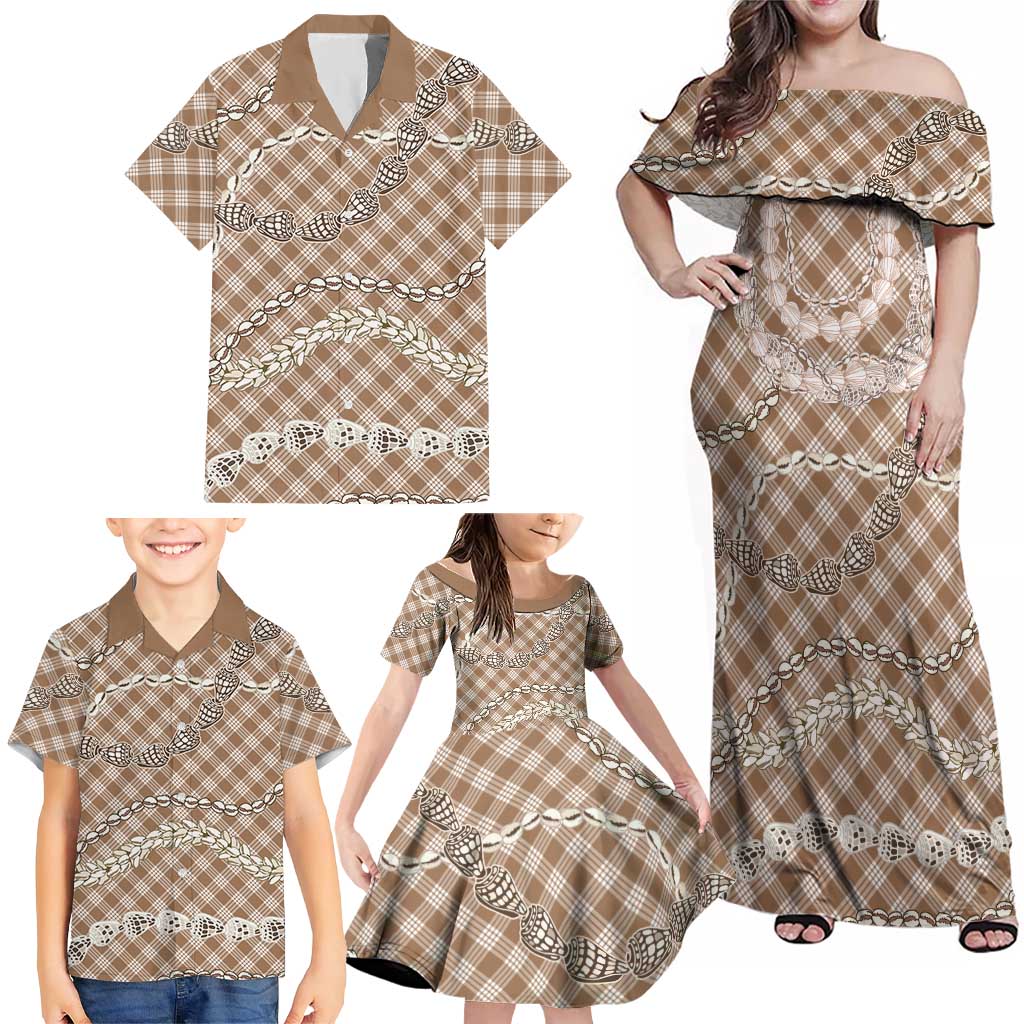 Brown Aloha Hawaii Shell Lei Family Matching Off Shoulder Maxi Dress and Hawaiian Shirt Palaka Hebrew Cone Honey Cowrie Elegant Curves LT14 - Polynesian Pride