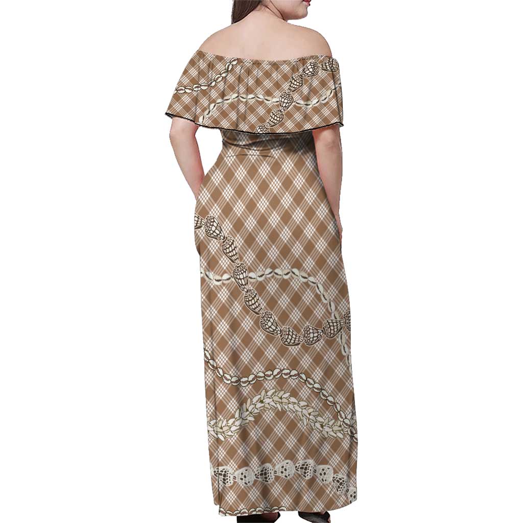 Brown Aloha Hawaii Shell Lei Family Matching Off Shoulder Maxi Dress and Hawaiian Shirt Palaka Hebrew Cone Honey Cowrie Elegant Curves LT14 - Polynesian Pride