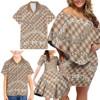 Brown Aloha Hawaii Shell Lei Family Matching Off Shoulder Short Dress and Hawaiian Shirt Palaka Hebrew Cone Honey Cowrie Elegant Curves LT14 - Polynesian Pride