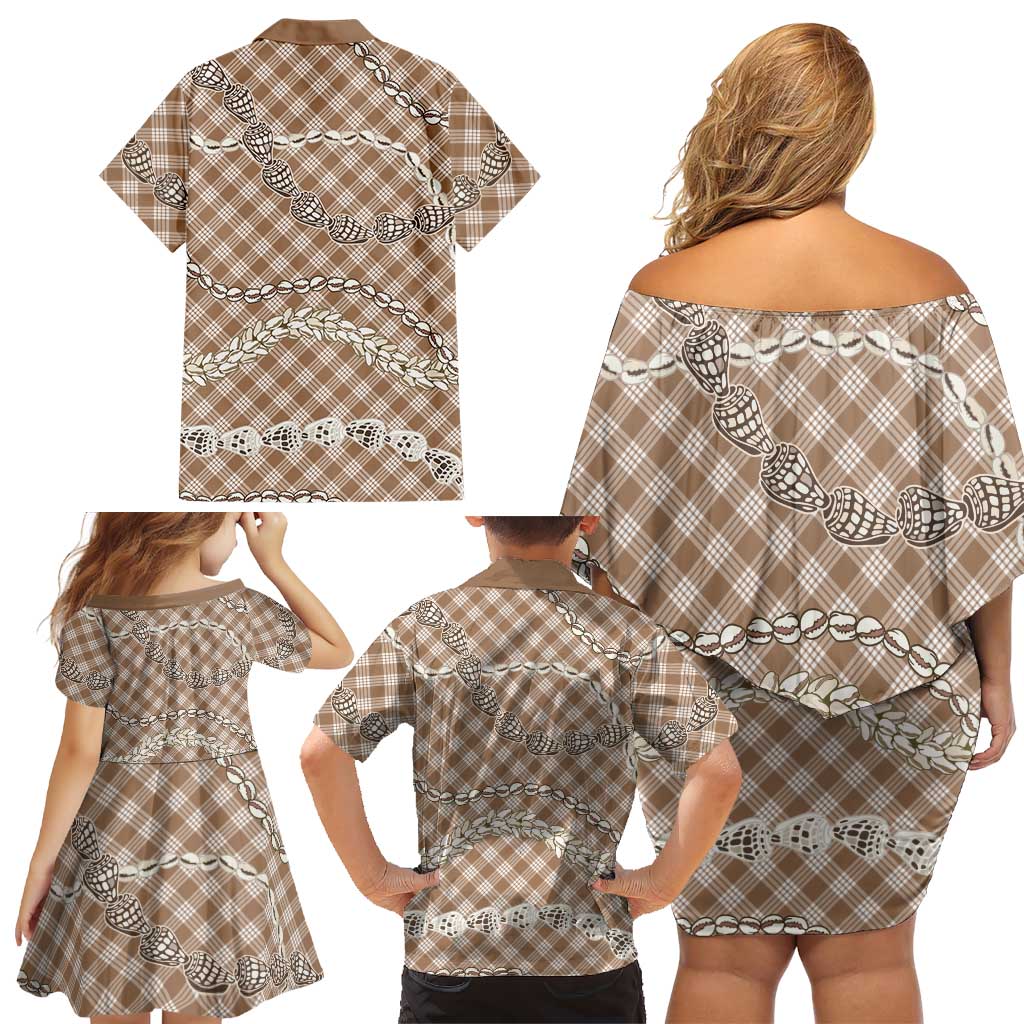 Brown Aloha Hawaii Shell Lei Family Matching Off Shoulder Short Dress and Hawaiian Shirt Palaka Hebrew Cone Honey Cowrie Elegant Curves LT14 - Polynesian Pride