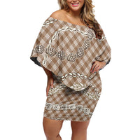 Brown Aloha Hawaii Shell Lei Family Matching Off Shoulder Short Dress and Hawaiian Shirt Palaka Hebrew Cone Honey Cowrie Elegant Curves LT14 Mom's Dress Brown - Polynesian Pride